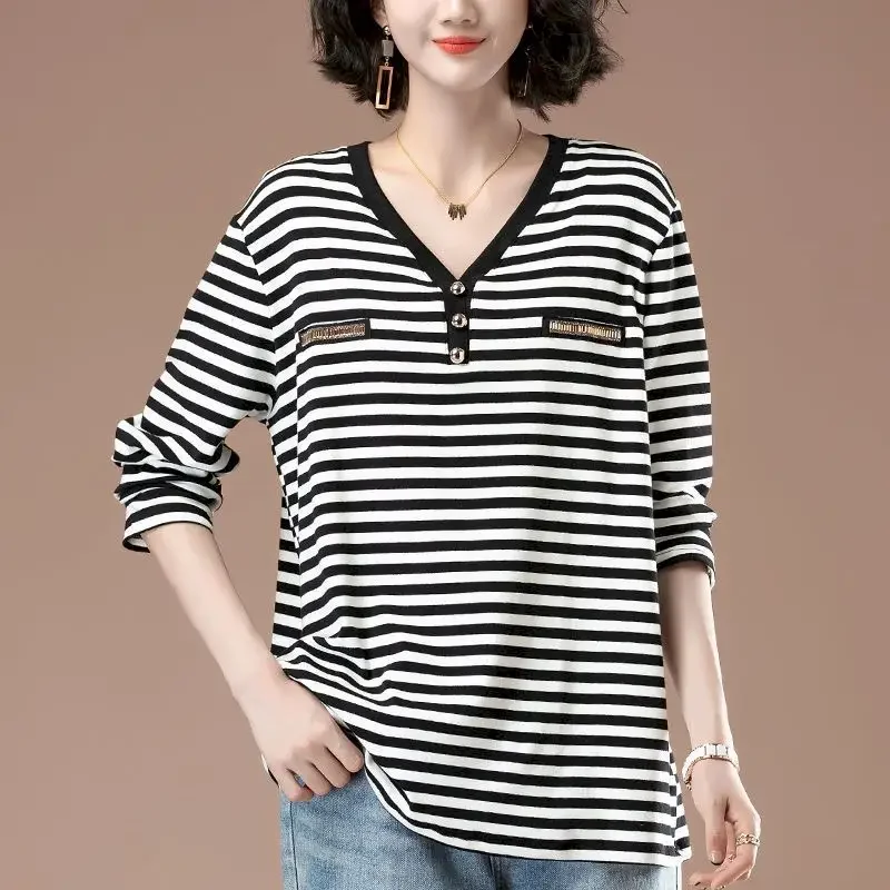 

Striped Long Sleeve T Shirts Women Fashion Design Undercoat Pullovers Casual Loose V-neck T-shirt Top Spring Autumn Trend Tshirt