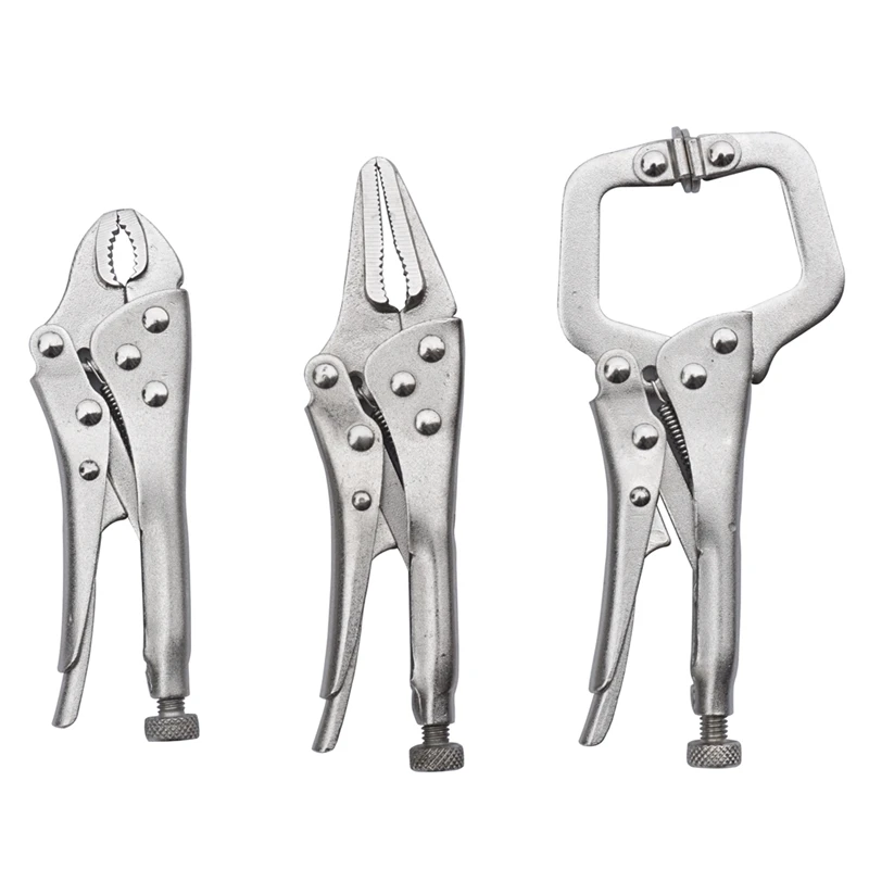 3Pcs Carbon Steel Vise Locking Pliers Set Curved Jaw Pliers And Long Nose And C Clamp Assorted Locking Welding Clamp