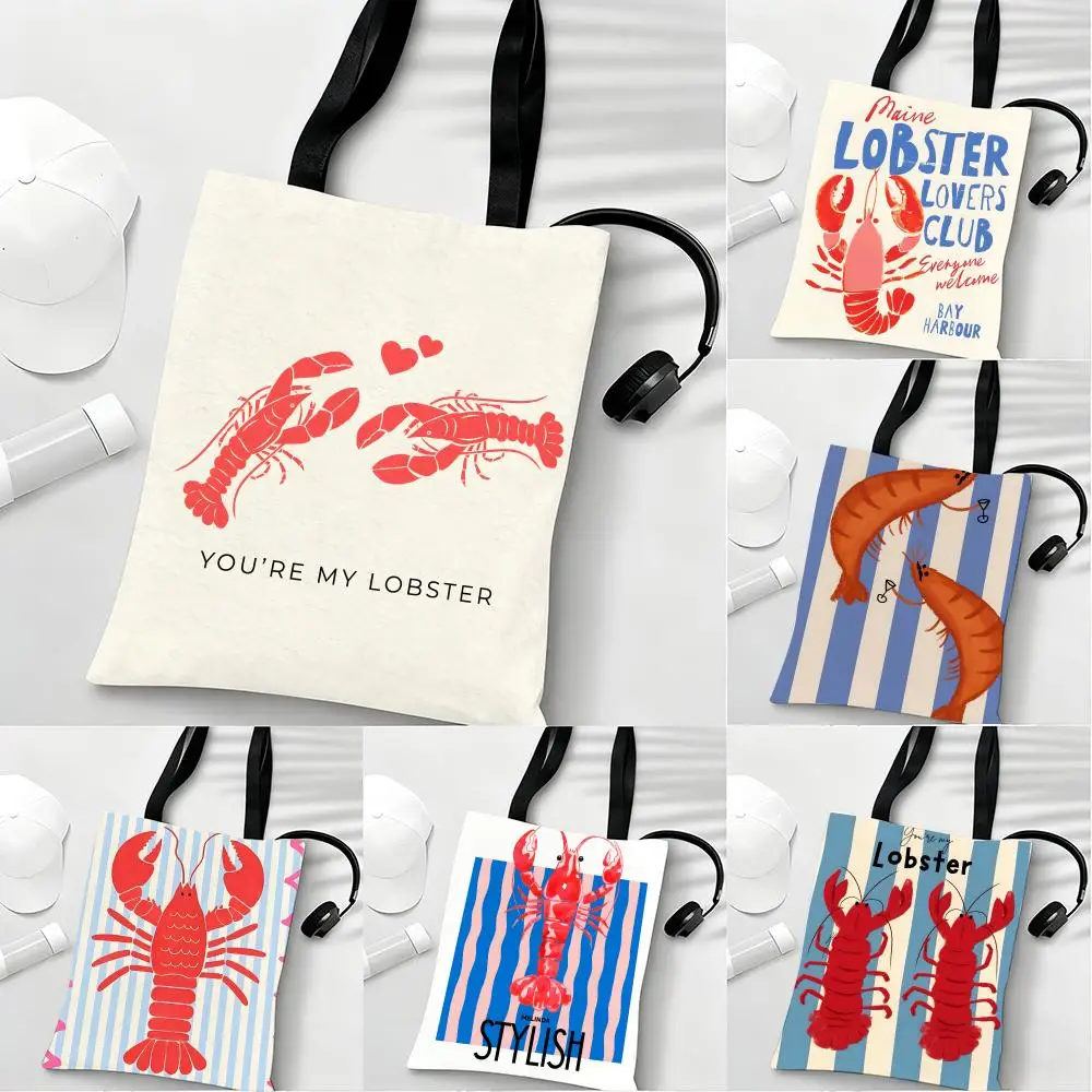 

Cute Shrimp Cartoon Storage Bags Lightweight Eco Friendly Fashionable Multi Purpose Large Capacity Canvas Shoulder Tote