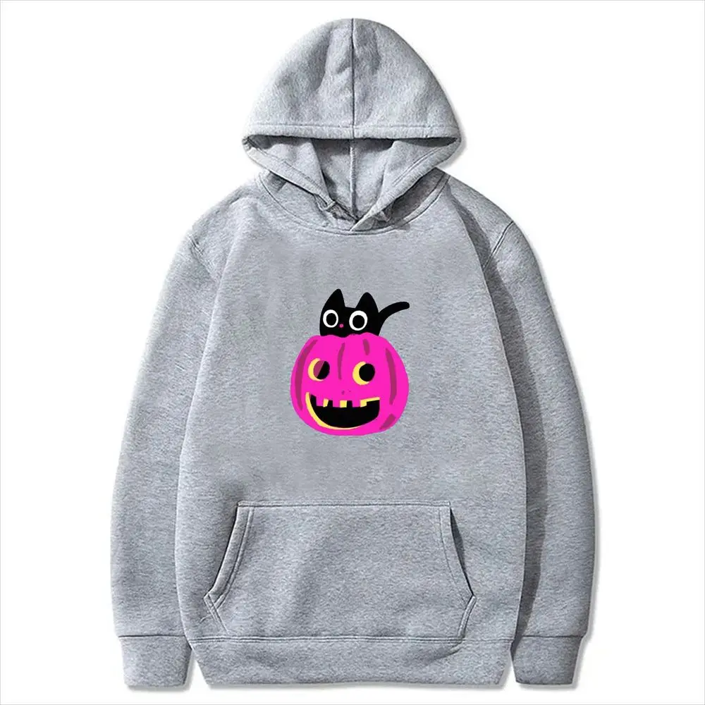 Cat on Pink Pumpkin Hooded Sweatshirt Women Halloween Graphic Print Pullover Long Sleeve Y2k Korean Style Casual Loose Hoodies