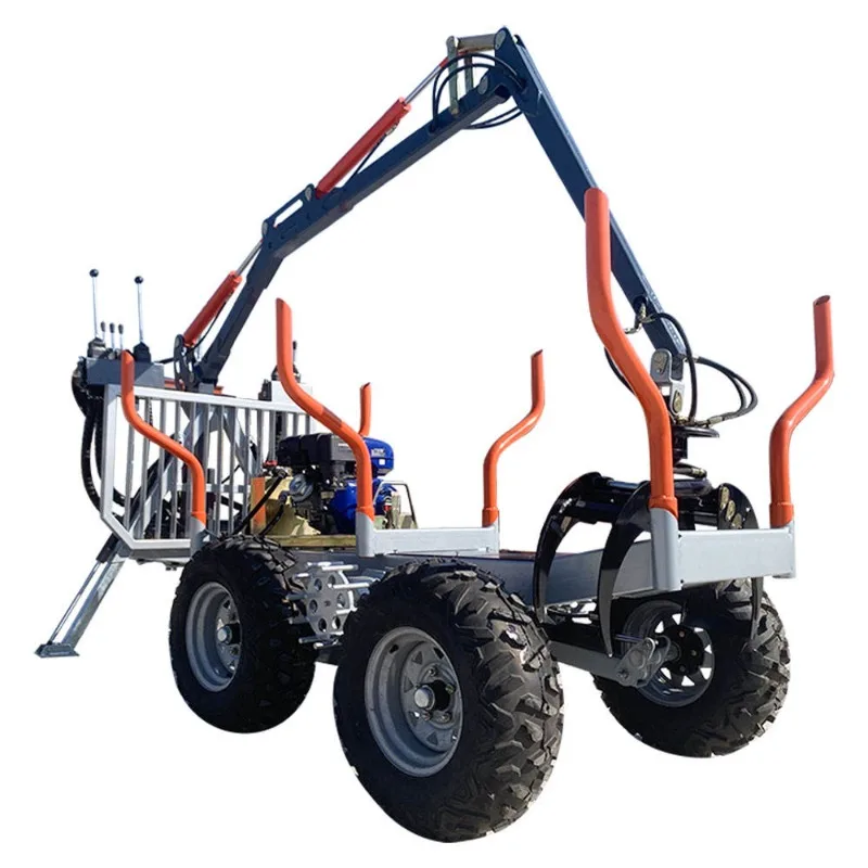 Forestry Log Loader Trailer with Hydraulic Crane | Towable Wood Timber Transport Trailer | Grapple Winch for Farm Logging Equipm