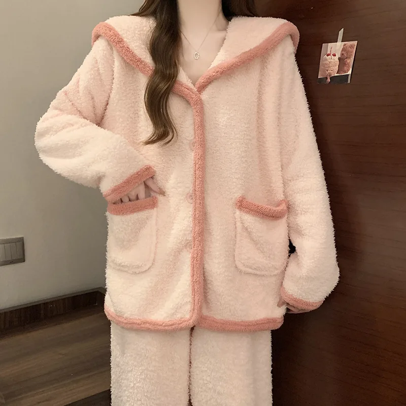 Autumn Winter Woman Thickened Fleece Pajamas Girl Student Warm Long-sleeve Long-pants Set Women Loungewear Casual Homewear Lady