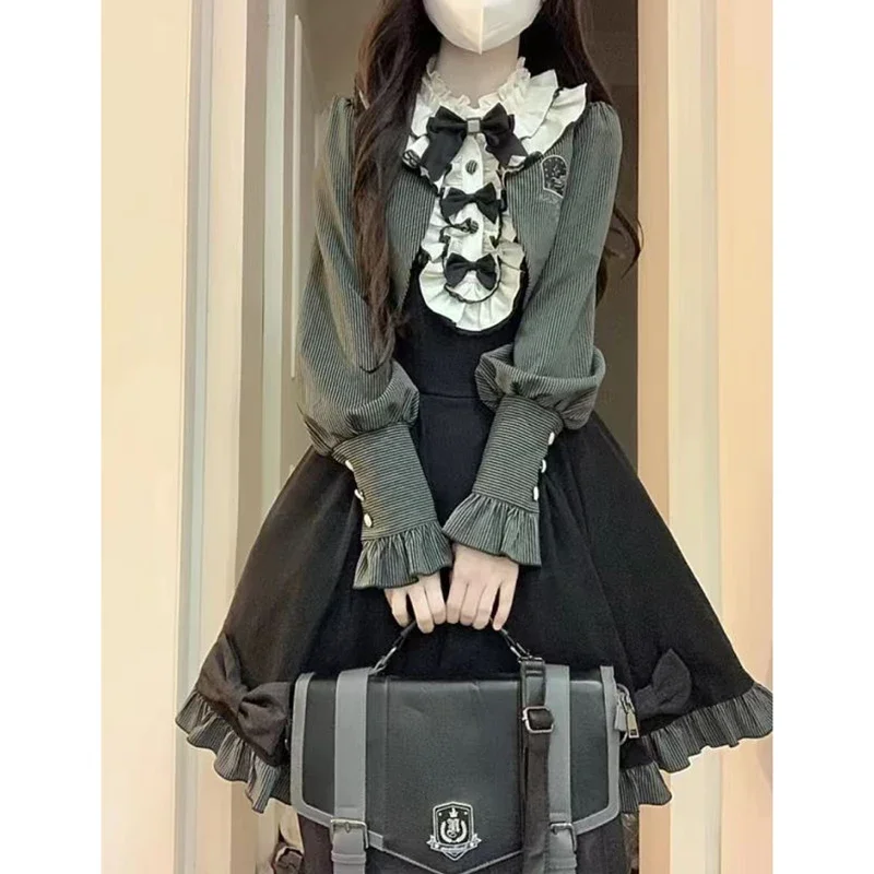 Schattige Lieve Lolita Prinsessenjurk Splitsen Ruches Kraag Strik Hoge Taille Slanke Jurk Lange Mouw Vest Tweedelige Set Voor Dames