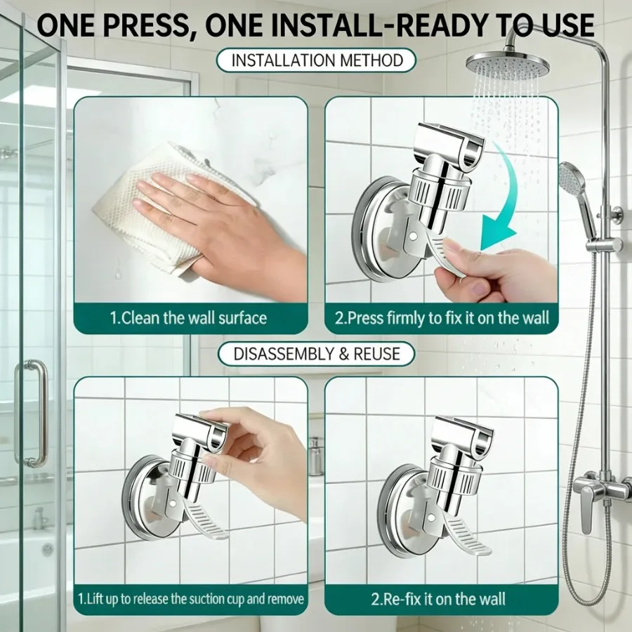 Adjustable Shower Head Holder with Strong Suction Cup, No-Drill Wall Mount Bracket for Bathroom - Image 4