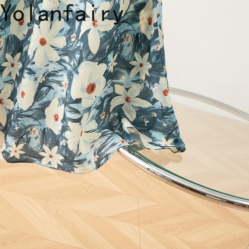 YOLANFAIRY Sukienka letnia ze 100% jedwabiu morwowego 2025 Elegancka damska sukienka wakacyjna z nadrukiem, podkreślająca talię, z krótkim rękawem