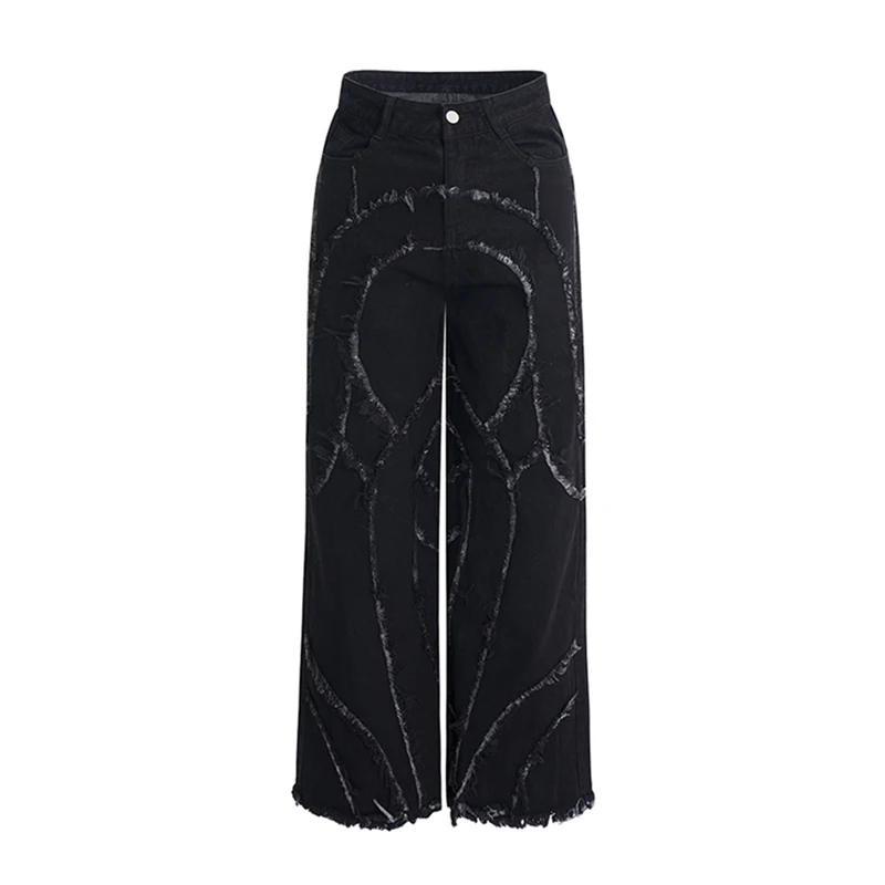 FEWQ Heren Deconstructief Ontwerp Niche Jeans Trendy Losse Rechte Wijde Pijpen Effen Kleur Darkwear Mannelijke Broek 24E2851