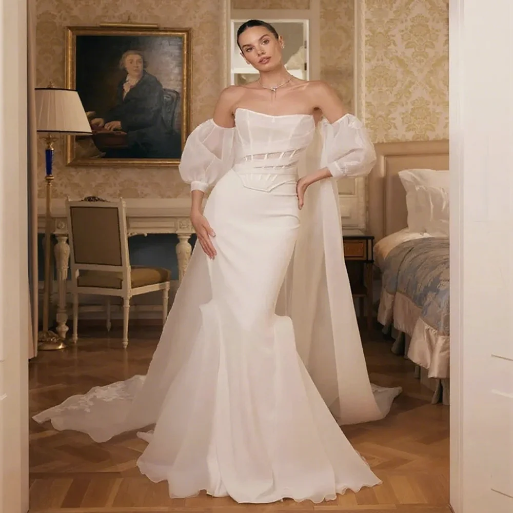 

Customized Strapless Wedding Dress With Scoop Neckline Puff Sleeves Mermaid Lace-up Back Floor Length Sweep Train for Bride 2025