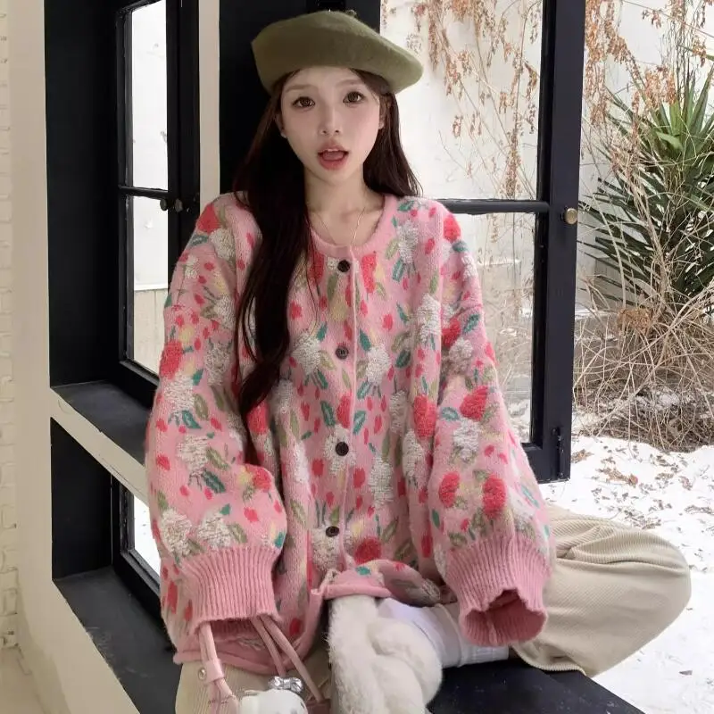 Prinzessin Rundhals Blume Strickjacke Junges Mädchen Mode Süße Lose Gestrickte Pullover Mantel Y2K Frühling Herbst Kleidung Tragen Draußen