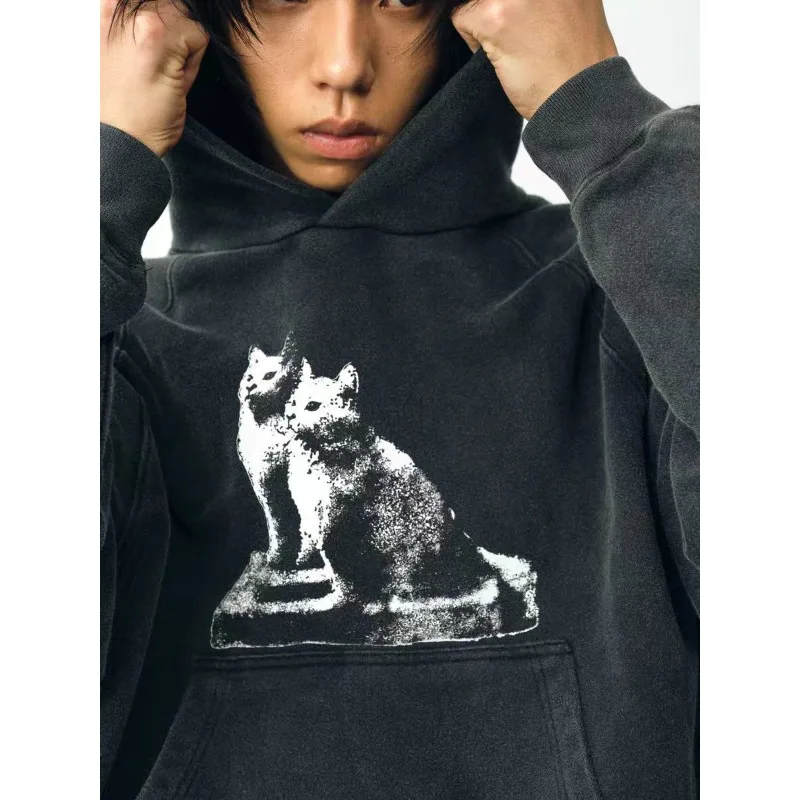 2025 الخريف/الشتاء غسلها الأسود خمر طباعة فضفاضة تناسب تنوعا خمر نمط الاحماء مقنعين البلوز #1