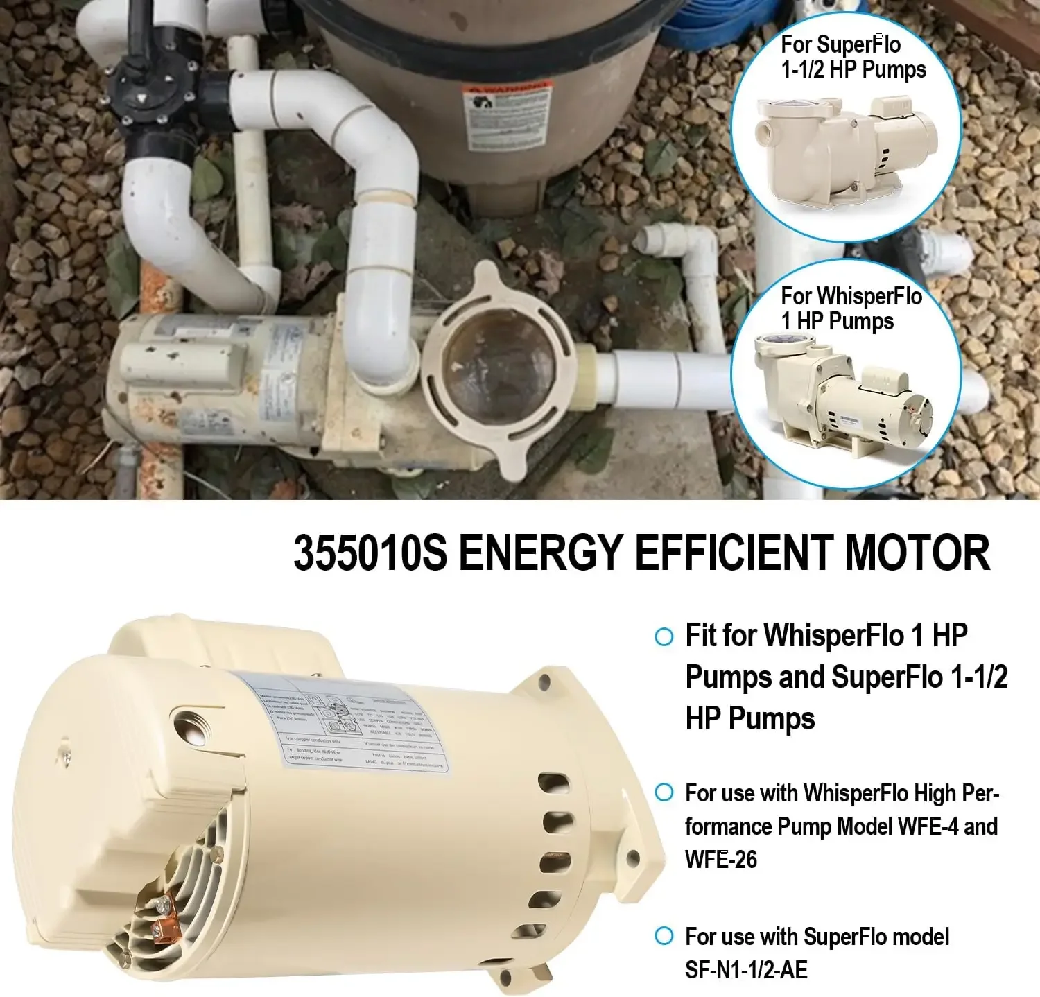 355010S Pool Pump Motor Energy Efficient Pool Pump Replacement Motor Parts For WhisperFlo High Performance Pool Pumps WFE-4 & WF