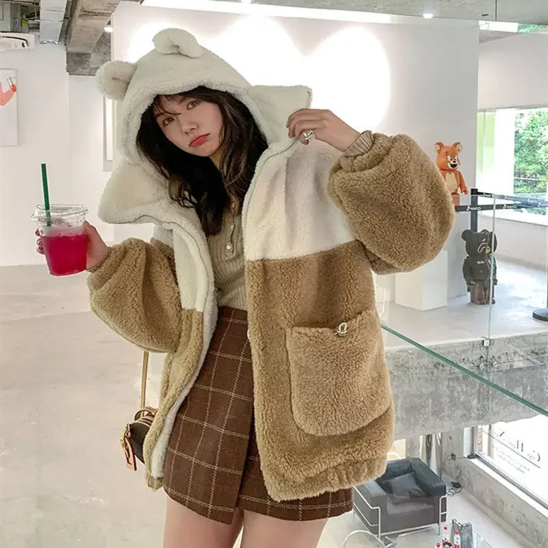 Lamb wool coat women\'s winter clothes y2k 2021 new student Japanese soft girl cute plus velvet thick hooded sweater ins selling