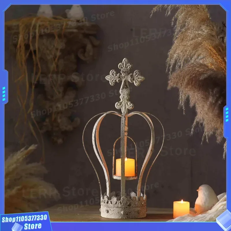 White Wrought Iron Carved Candlestick French Retro Crown Shape B&B Hotel Lighting Decoration Wabi Sabi Style Home Decor