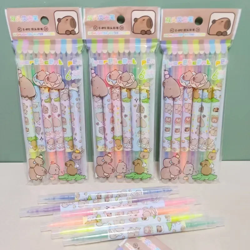 New 6pcs/Pack Capybara Characters Double Head Colors Oblique Highlighters Cartoon Art Markers Fluorescent Pen Stationery Gift