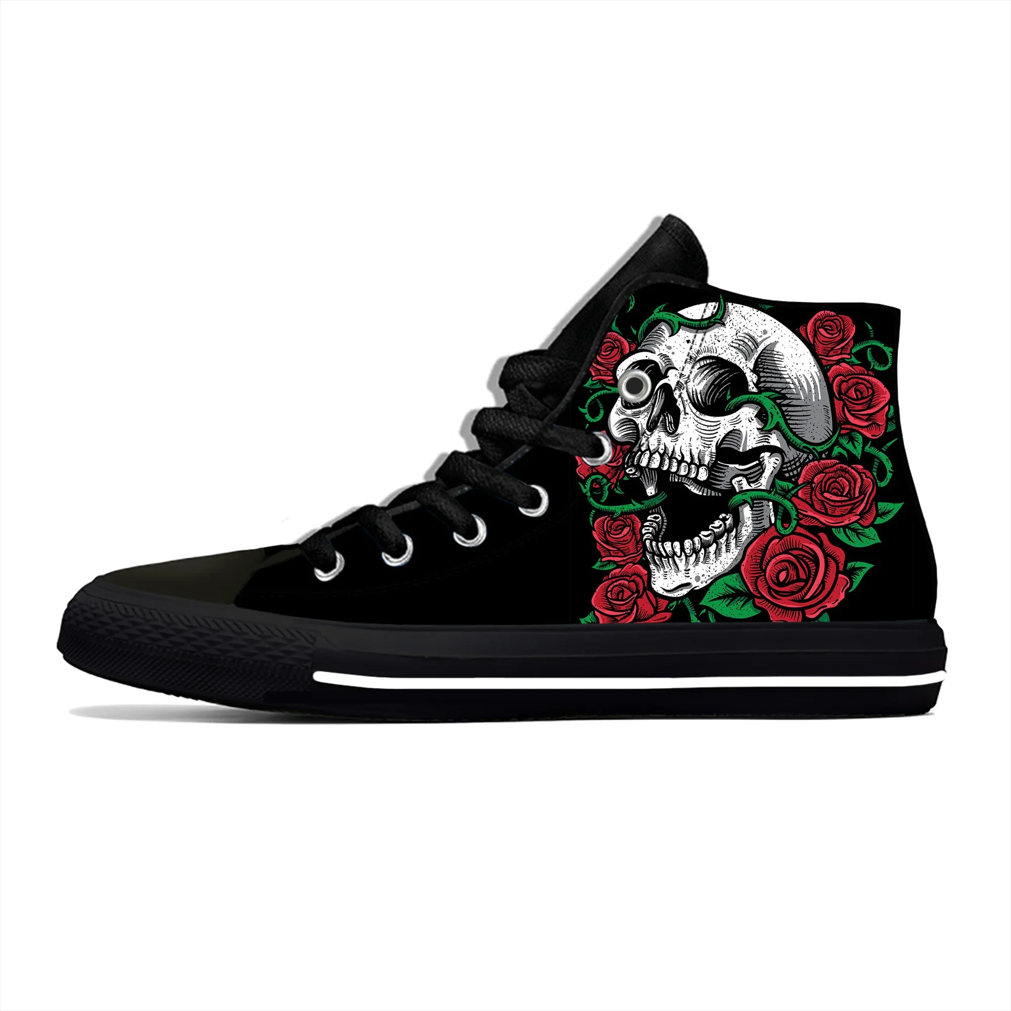 Hot Skulls Roses High Top Sneakers Mens Womens Teenager Casual Shoes Canvas Running Shoes 3D Printed Breathable Lightweight Shoe