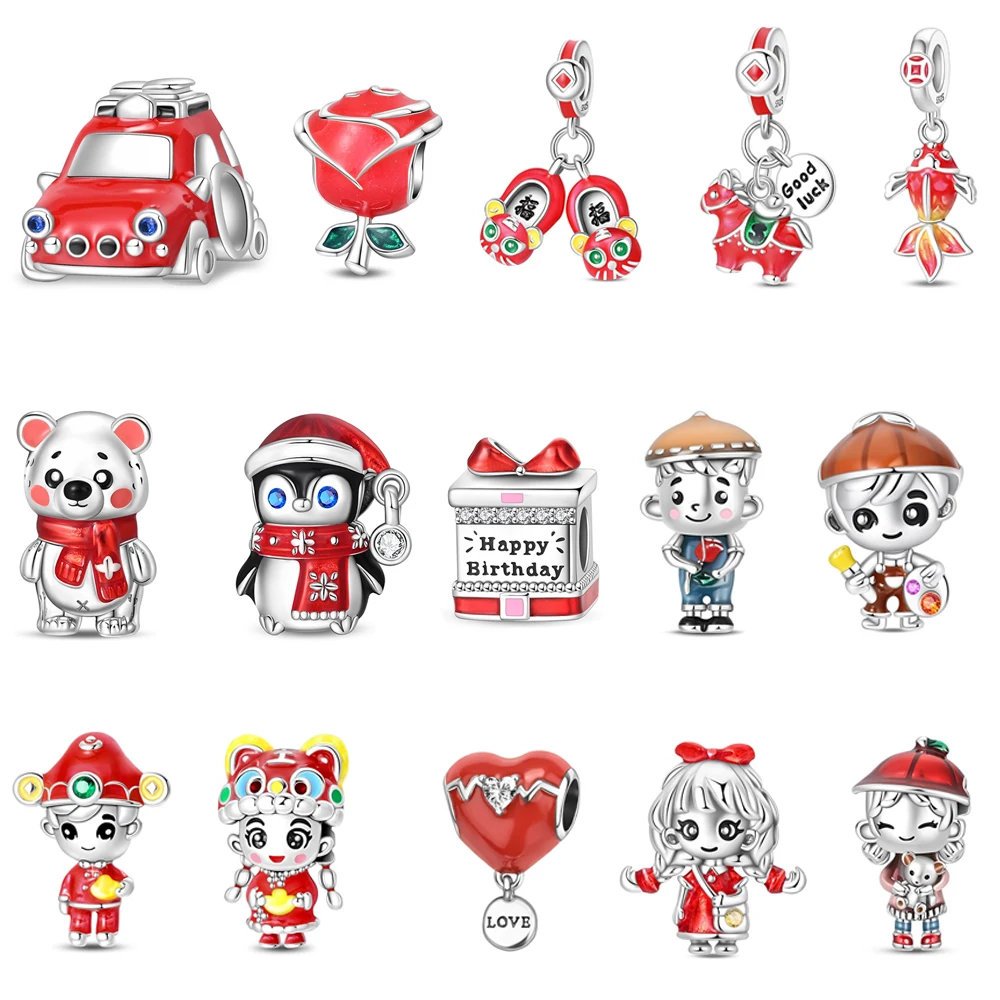 

925 Sterling Silver Red Rose Flower Dangle Charm Fit Original Bracelet Romantic Floral Bead For Valentine Day Jewelry Accessory