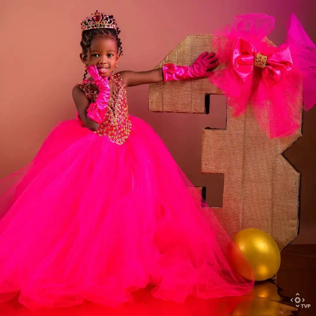 

Customized Hot Pink Flower Girl Dress For Wedding Tulle Beading Kids Birthday Princess Party First Communion Gown