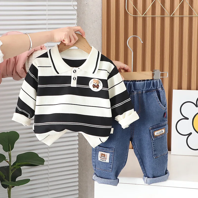 2024 New Spring Baby Boy Clothes 1 to 5 Years Causal Cartoon Stripe Pullover Long Sleeev T-shirts and Pants Kids Boys Outfit Set