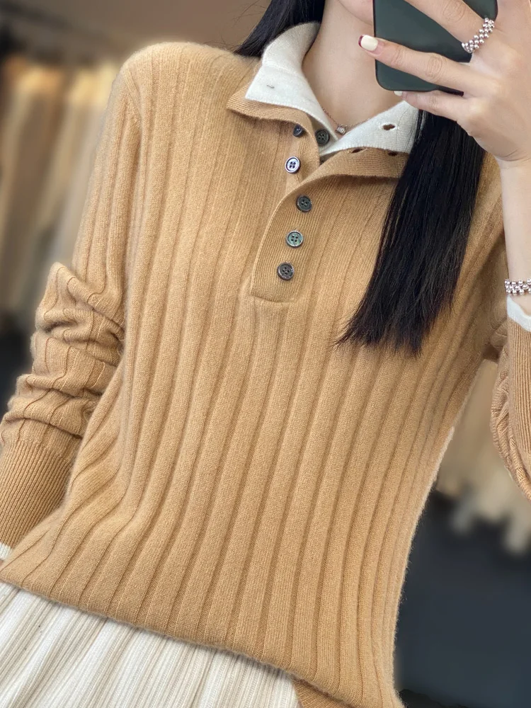 Fashion Women 100% Merino Wool Pullover Sweater Autumn Winter Thickened Warm Cashmere Knitwear Casual Turn-down Collar Clothes