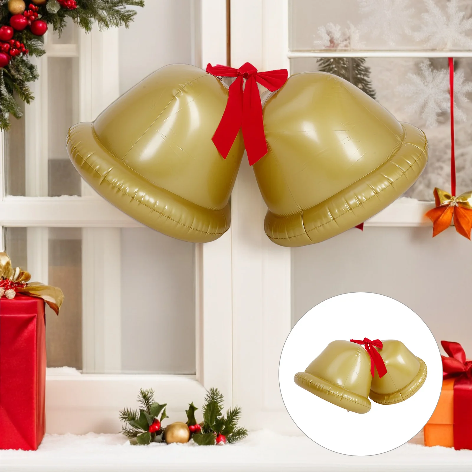 

2pcs Giant Inflatable Christmas Decor Jingle Bells With Bow Outdoor Indoor Holiday Yard Party Home Festive Tree Pendant -