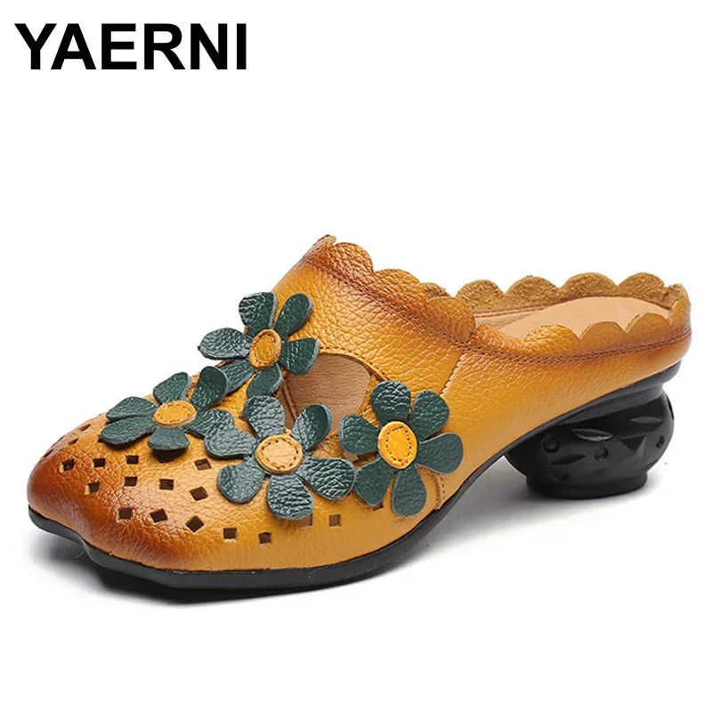 

YAERNI Handmade Cow Leather Skin Retro Slippers Women Flower Hollow Out Strange Stye Heel Cover Toes Women Slides