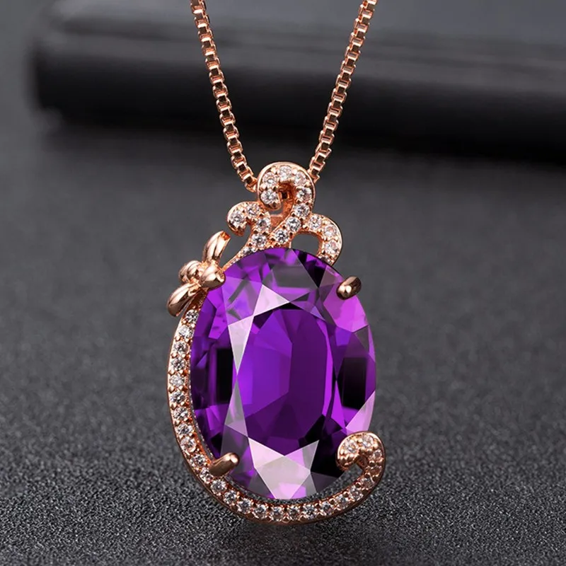 

Женские изысканные большие фиолетовые кристаллы, аметист, драгоценные камни, бриллианты, нерегулярные подвески, ожерелья для женщин, розовое золото, 45 см, цепочка, подарок