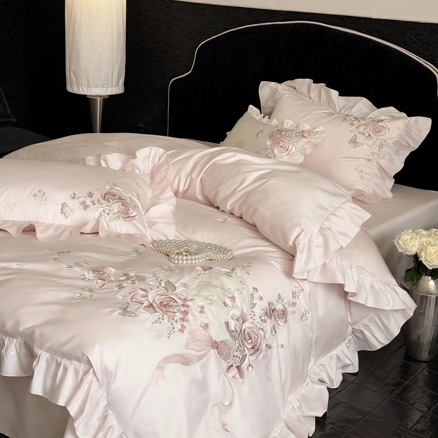 Pink Flowers Embroidery Ruffles Luxury Bedding Set 600TC Egyptian Cotton Duvet Cover Flat/Fitted Bed Sheet Pillowcases 3/4Pcs
