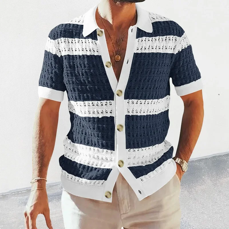 

Casual Mens Knitted Shirts 2023 Spring Summer Loose Short Sleeve Buttoned Lapel Knit Cardigans Men Clothes Vintage Striped Shirt