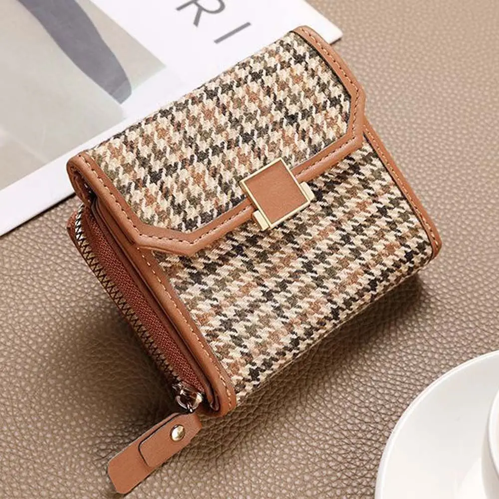 Multi-card Slot 2 in 1 Card Bag Korean Style PU Leather Houndstooth Short Wallet Clutch Bag Card Pocket Zipper Coin Purse Women