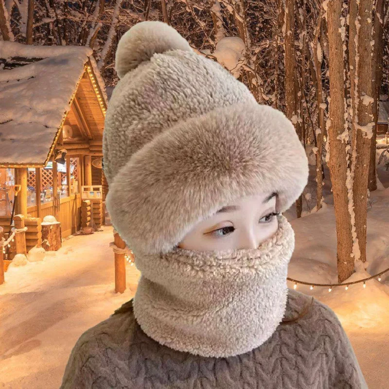 

Winter Autumn Fur Hat Hooded neck Cover Balaclava Caps for Women Knitted Cashmere Warm Windproof Hat Thick Plush Fluffy Beanies
