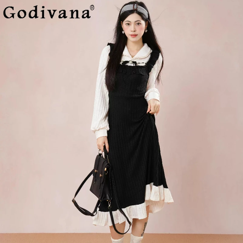 

Hepburn Black Fake Two Piece Lolita Dress for Women Autumn Patchwork Elegant Black Dress Lady Japanese Waist Cinching Long Dress
