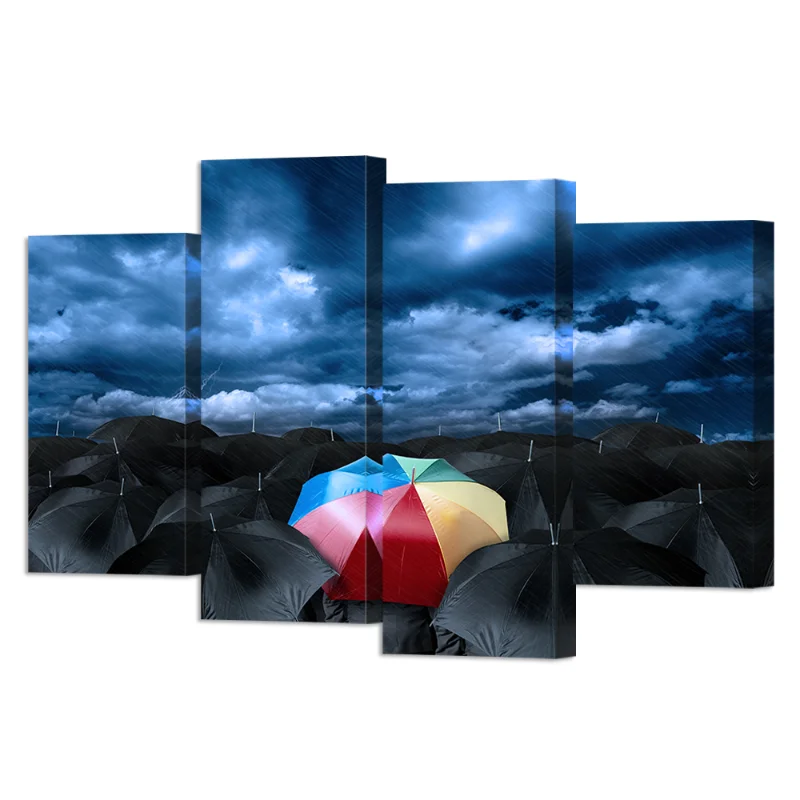 4 Pieces Umbrellas Wall Decor Poster Dark Clouds Print Canvas Painting Modern Style Picture Living Room Wall Art