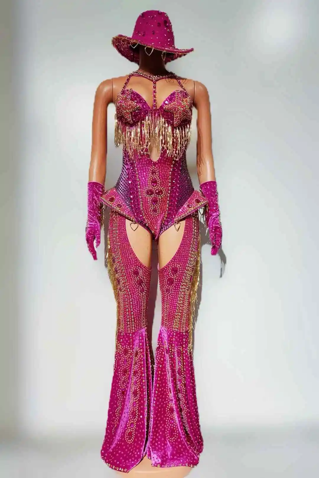 Frauen Sexy Sparkly Strass Rot Body 4 Stück Set Nachtclub Party Bühne Zeigen Outfit Kabarett Karneval Showgirl Bühne Tragen