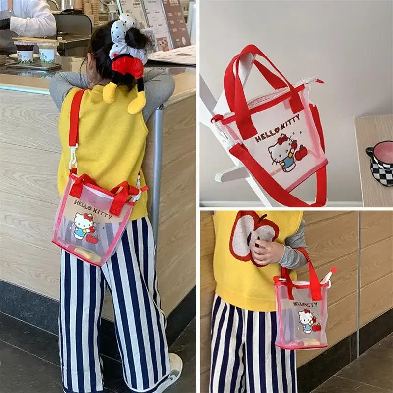 

Sanrio Pouch Hello Kitty Shoulder Mesh Bag Hand-Held Bento Bag Cute Pattern Print Transparent Lightweight Bag Girl Gift