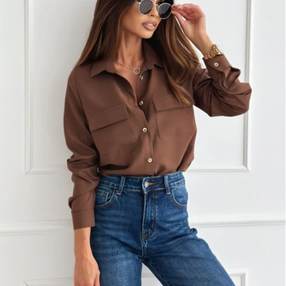 

Spring Autumn Shirts Loose Solid Colors Daily Comfortable Commuting Tops Long Sleeves Lapels Single-breasted Pockets Clothes