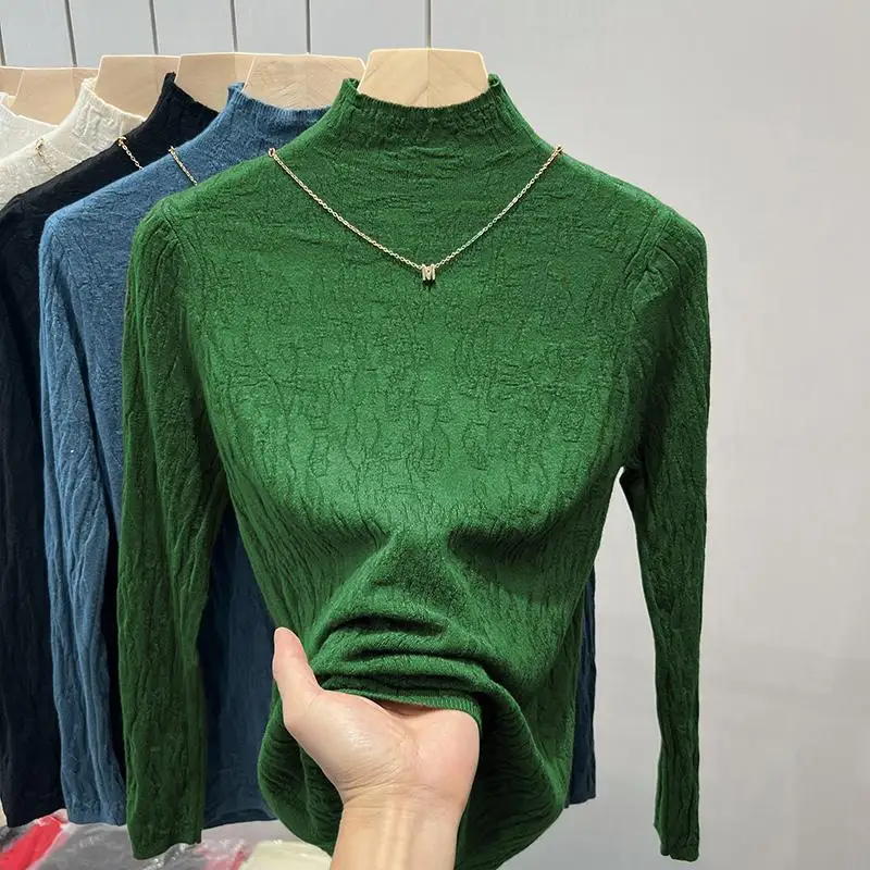 Semi-high Neck Five-quarter Sleeve Knitwear Top Women\'s Spring Summer 2024 New Green Mid Sleeve Base Layer Top