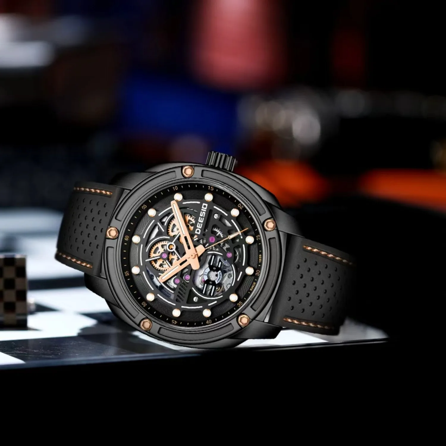 Deesio Luxury Business Men's Automatic Skeleton Watch Stainless Steel Dial with Luminous Features Water-Resistant Chronograph