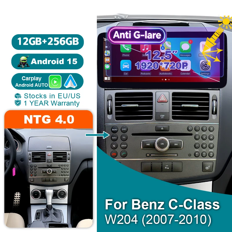 Wondefoo 12.5 Inch Wireless Carplay Android 15 Auto Car Radio 1920*720P Screen Multimedia Player 2 DIN For Mercedes Benz C-Class W204 S204 NTG 4.0 2007-2010 Bluetooth Autoradio Navigation Stereo Head Unit GPS 4G BT