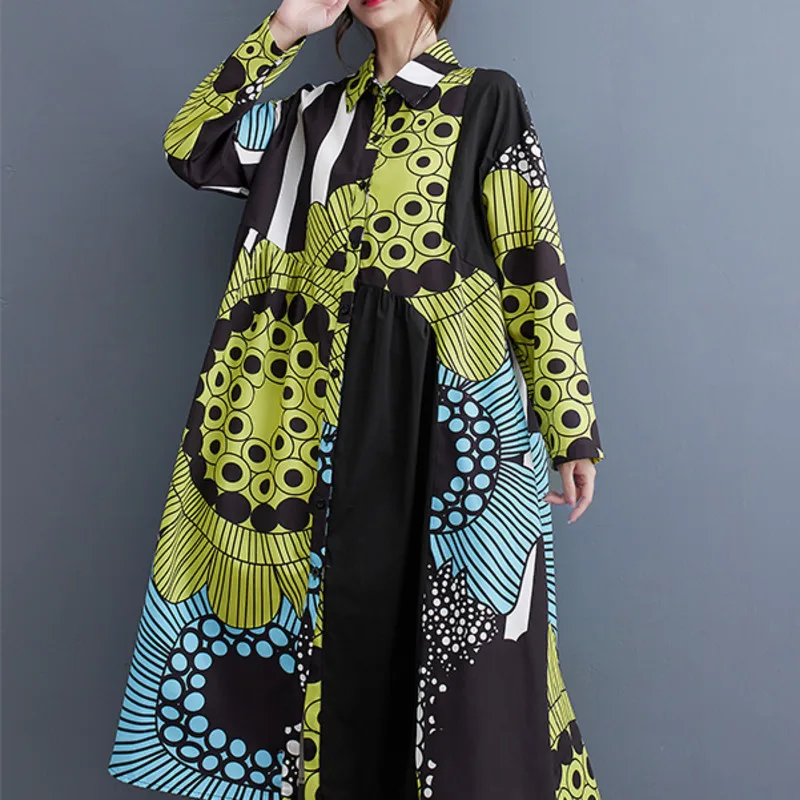 #4022 Green Yellow Printed Shirt Dress Split Joint Vintage Shirt Dress Women Turn-down Collar Retro Long Shirt Dress Autumn 2023