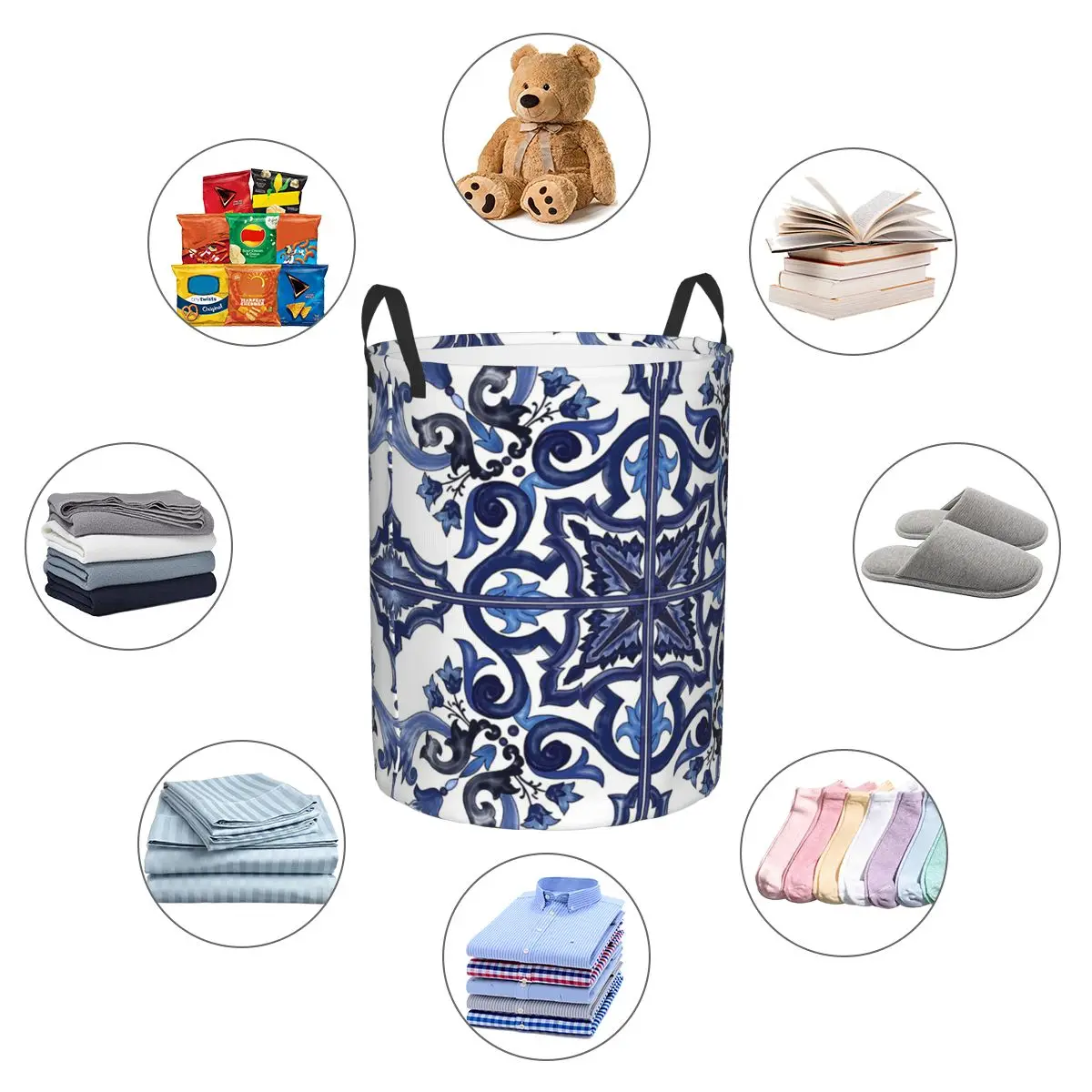 Blue Ornate Floral Mediterranean Sicilian Tile Folding Laundry Baskets Dirty Clothes Storage Basket Large Waterproof Box