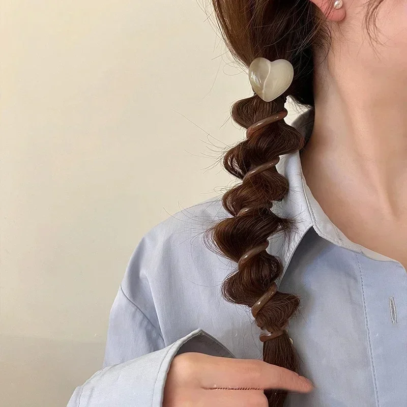 4PC Heart Shape Elastic Rubber Bands For Women Girls Telephone Wire Hair Ties Loop Spiral Spool Headbands Ponytail Holders Acces