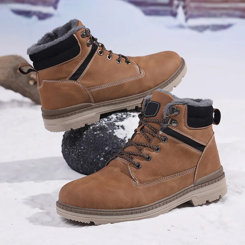 Men's Outdoor Lace-Up Fleece Lined Warm Leather Patchwork Comfortable All-Match Snow High-Top Boots