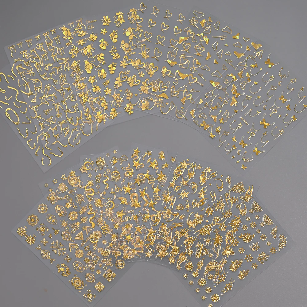 12sheets 3D Laser Gold Fire Flame Heart Lines Nail Art Sticker Self-Adhesive Star Bow Snake Flower mix Nail Decals Nail Supplies