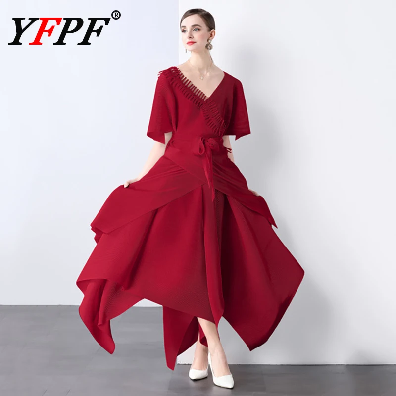 

YFPF Fashion Women Pleated 2 Piece Set V Neck Irregular Tassel Design Gathered Waist Long Dresses 2025 New Clothing 3A183