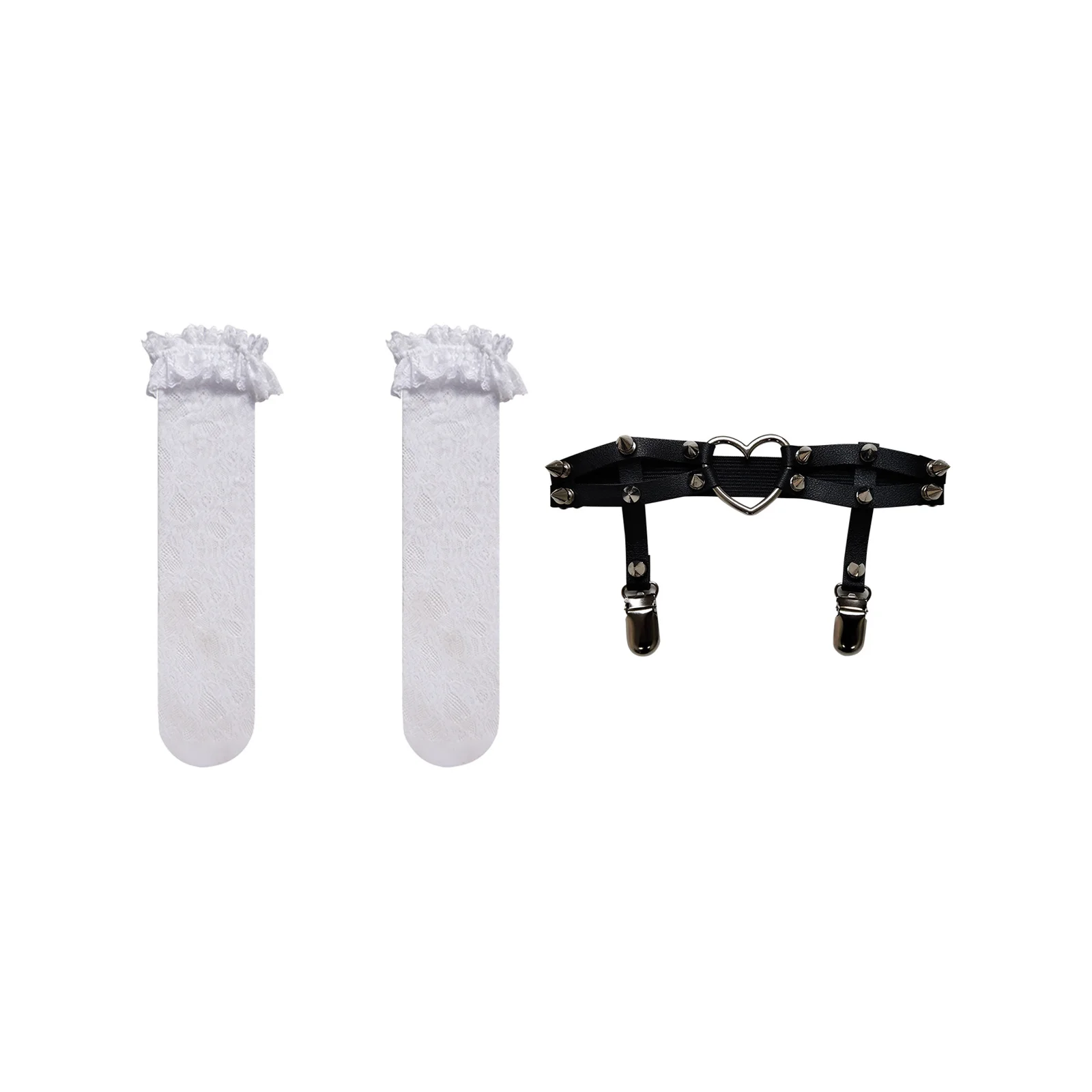 

Lolita dark rivet thigh ring set: white lace stockings + black rivet belt