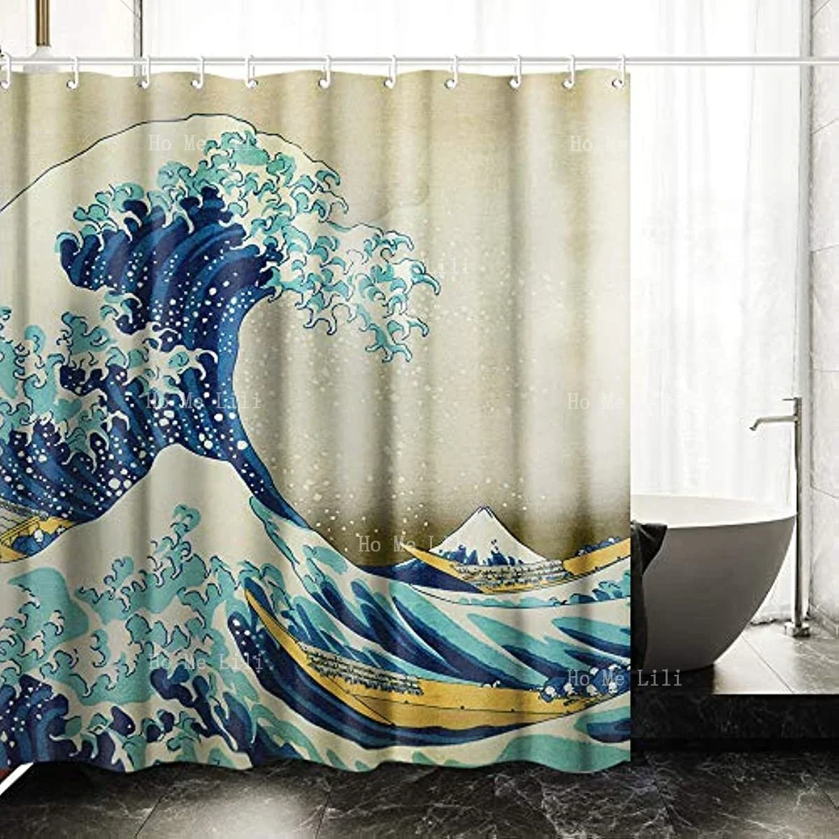 Shower Curtain Set With Hooks,The Great Wave Off Kanagawa By Katsushika Hokusai,Home Art Paintings Pictures For Bathroom