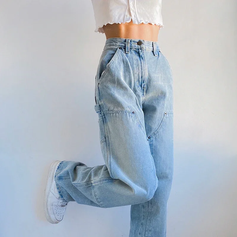 Streetwear High Waist Straight Jeans Women's Loose Overalls High Waist Patchwork Denim Trousers Summer Casual Korean Harajuku
