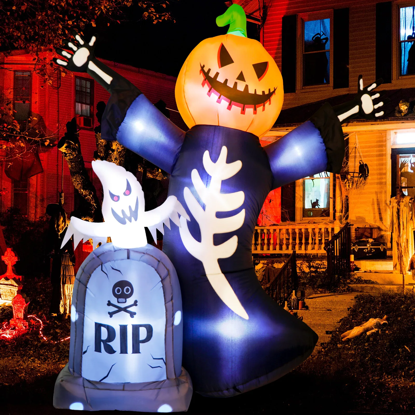 Ourwarm 8Ft Halloween Inflatables Decor Tombstone Ghost Pumpkin Skull With Led Outdoor Toys Holiday Graden Yard Party Blow Up