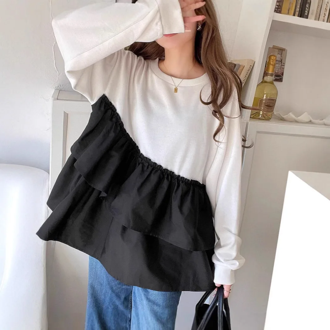 

Japan Rakuten New Women's Fake Two-Piece T-Shirt Long Sleeve Patchwork Loose Design Round Neck Pullover Top