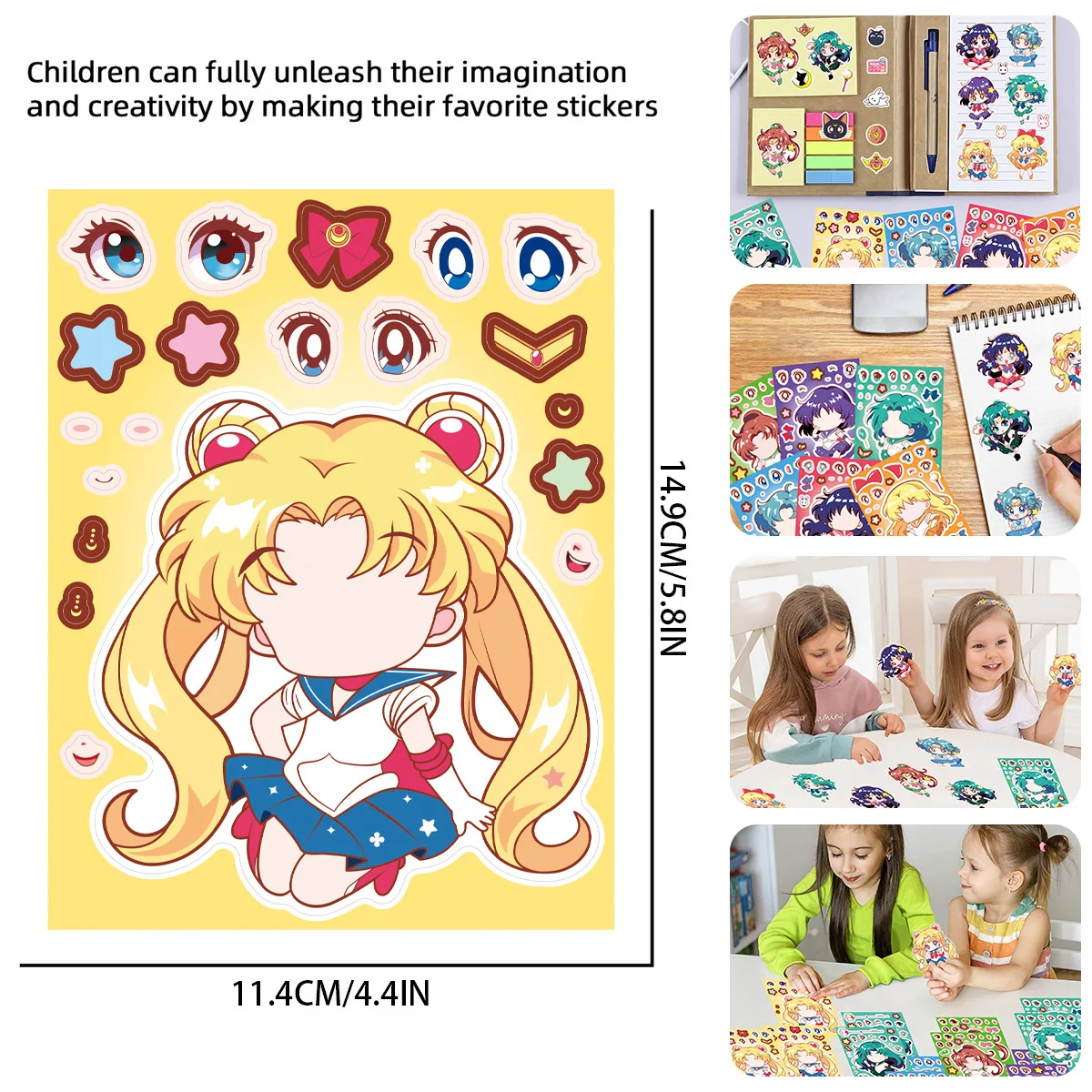 8/16Sheets Q Version Sailor Moon Anime Make a Face Puzzle Stickers Decoration Laptop Phone Guitar Skateboard Classic Kid Toys