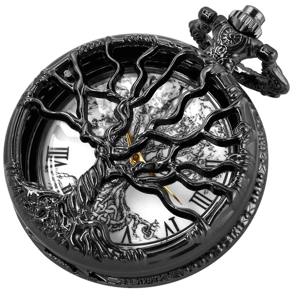 Steampunk Tree of Life Pattern Sketch Ink Painting Dial Pocket Watch All Black Vintage Necklace Chain Quartz Fob Clock Reloj